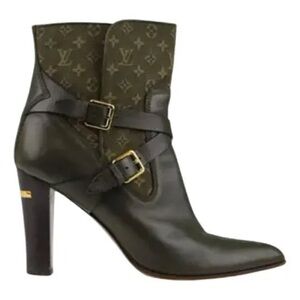 Louis Vuitton Green Brown Heeled Boots Booties Size 40 US 9 LV LOGO